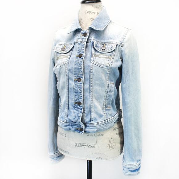 Abercrombie & Fitch Denim Jacket Y2K Button Pocket Destressing Cropped Large - Picture 1 of 7